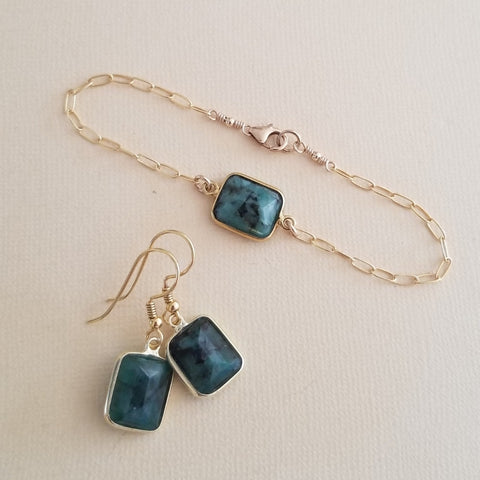 Raw Emerald Bracelet, Gold Paperclip Chain Bracelet