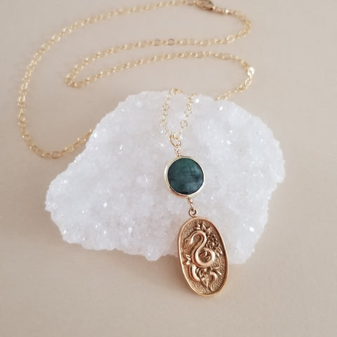 Gold Snake and Emerald Pendant Necklace, Talisman Jewelry
