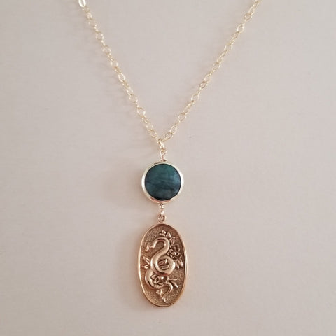 Gold Snake and Emerald Pendant Necklace, Talisman Jewelry