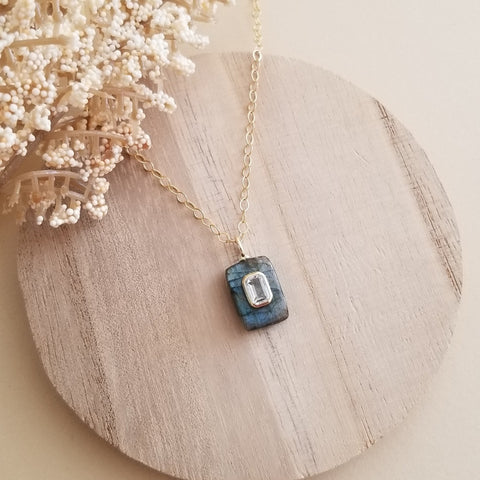 Labradorite and White Topaz Pendant Necklace, Dainty Gold Chain Necklace