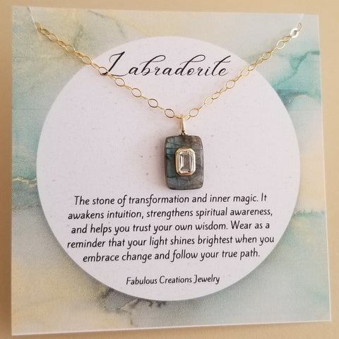 Labradorite and White Topaz Pendant Necklace, Dainty Gold Chain Necklace