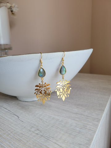 Gold Leaf Labradorite Dangle Earrings, Gold or Silver