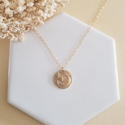 Gold Coin Necklace, Moon and Stars Pendant Necklace, Night Sky Necklace for Women