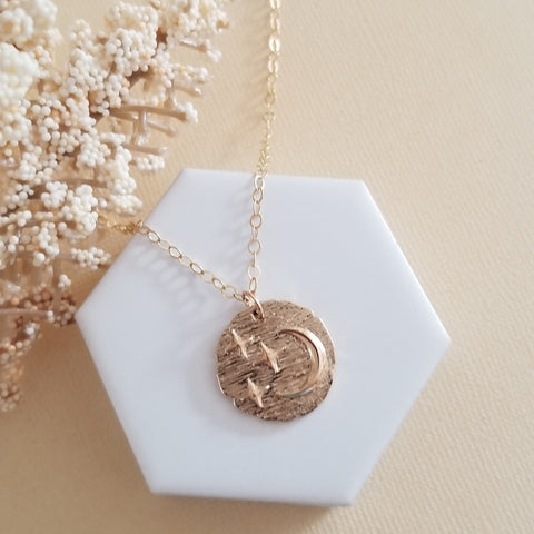 Gold Coin Necklace, Moon and Stars Pendant Necklace, Night Sky Necklace, Gold Bronze Medallion Necklace, Celestial Jewelry, Gift for Her