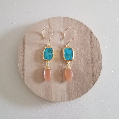 Turquoise Earrings, Turquoise and Peach Moonstone Earrings, Handmade Gemstone Earrings, Boho Stone Earrings, Gift for Her, Turquoise Jewelry