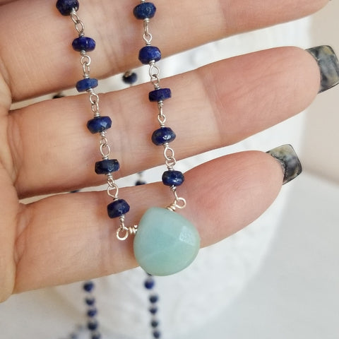 Beaded Boho Lapis Lazuli Chain Necklace with Amazonite Teardrop