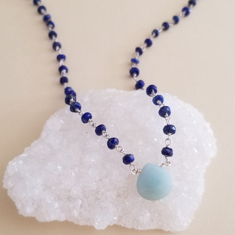 Beaded Boho Lapis Lazuli Chain Necklace with Amazonite Teardrop