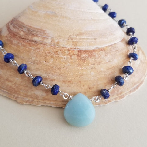Handmade Beaded Boho Lapis Lazuli Chain Necklace with Amazonite Teardrop, Bohemian Jewelry for women