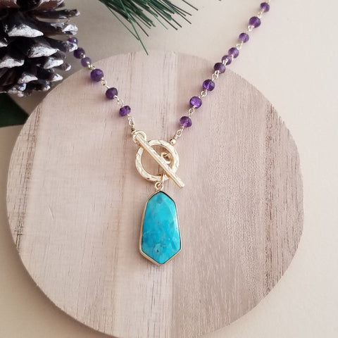 Handmade Amethyst Front Toggle Necklace with Turquoise Pendant, Boho Chic