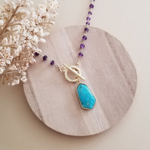 Beaded Amethyst Necklace with Turquoise Pendant, Front Toggle Gemstone Necklace, Boho Chic Jewelry for Women