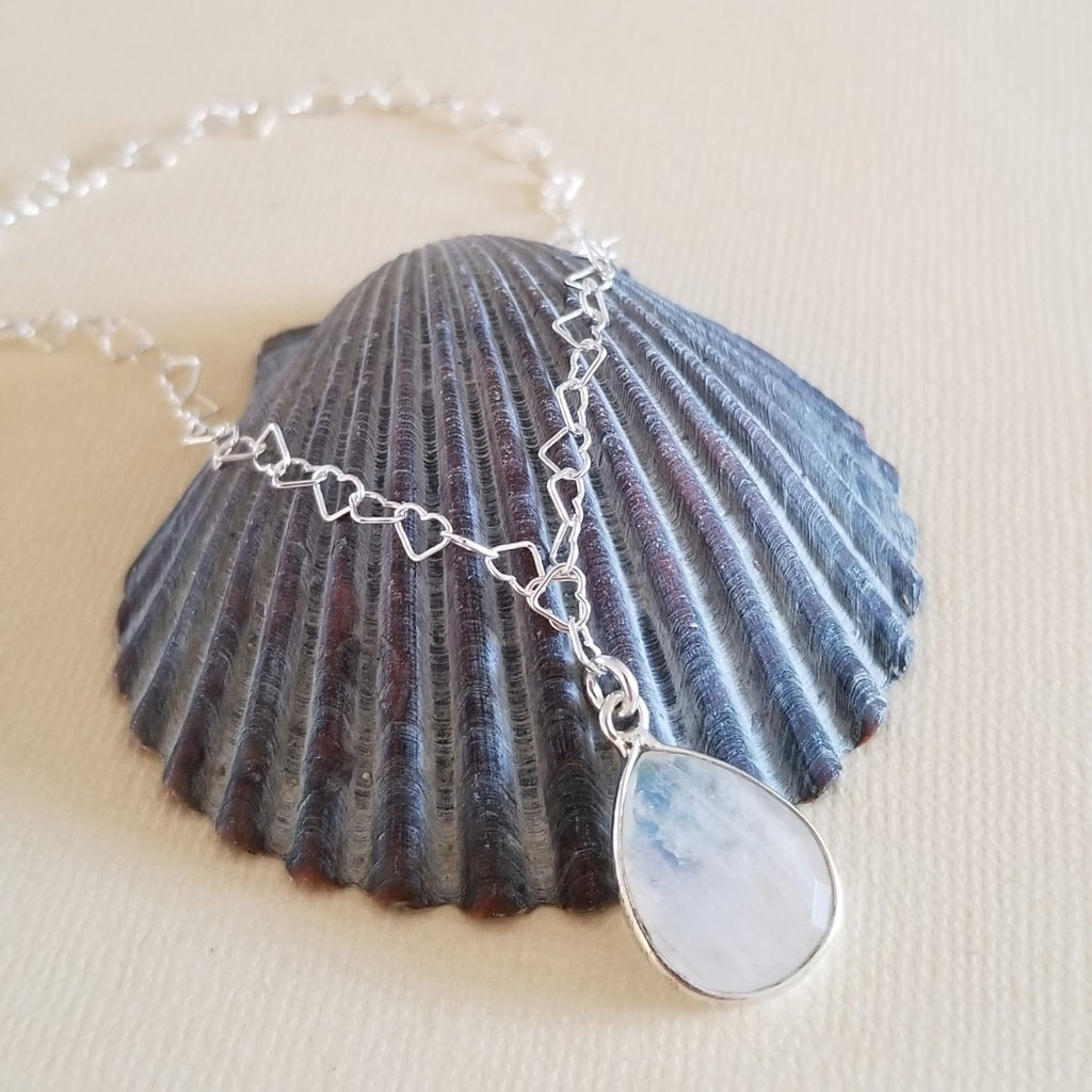 Sterling Silver Hearts Chain Necklace with Moonstone Teardrop Pendant