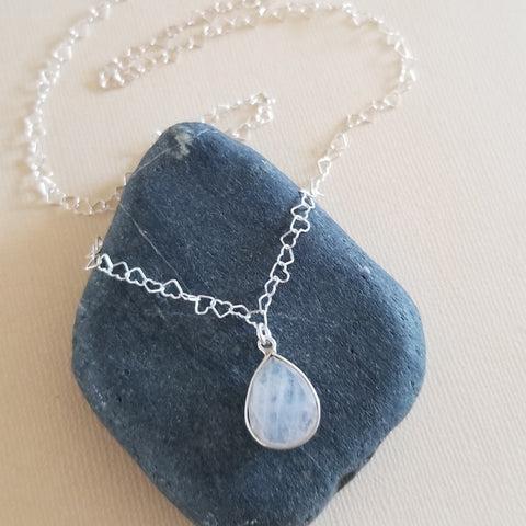 Moonstone Necklace, Silver Hearts Chain Necklace, Moonstone Teardrop Pendant Necklace, Tiny Heart Chain, Heart Jewelry, Gift for Her