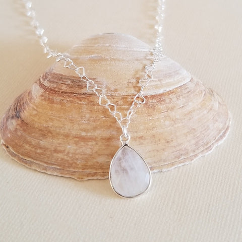 Moonstone Necklace, Silver Hearts Chain Necklace, Moonstone Teardrop Pendant Necklace, Tiny Heart Chain, Heart Jewelry, Gift for Her