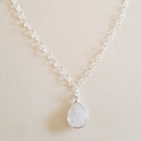Sterling Silver Hearts Chain Necklace with Moonstone Teardrop Pendant