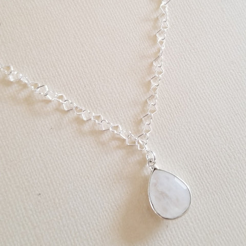 Sterling Silver Hearts Chain Necklace with Moonstone Teardrop Pendant, Heart Jewelry for Women