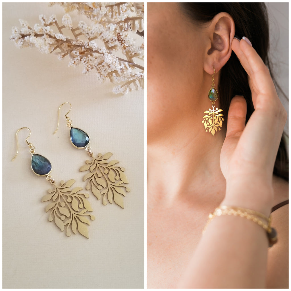 Gold Leaf Labradorite Dangle Earrings, Gold or Silver