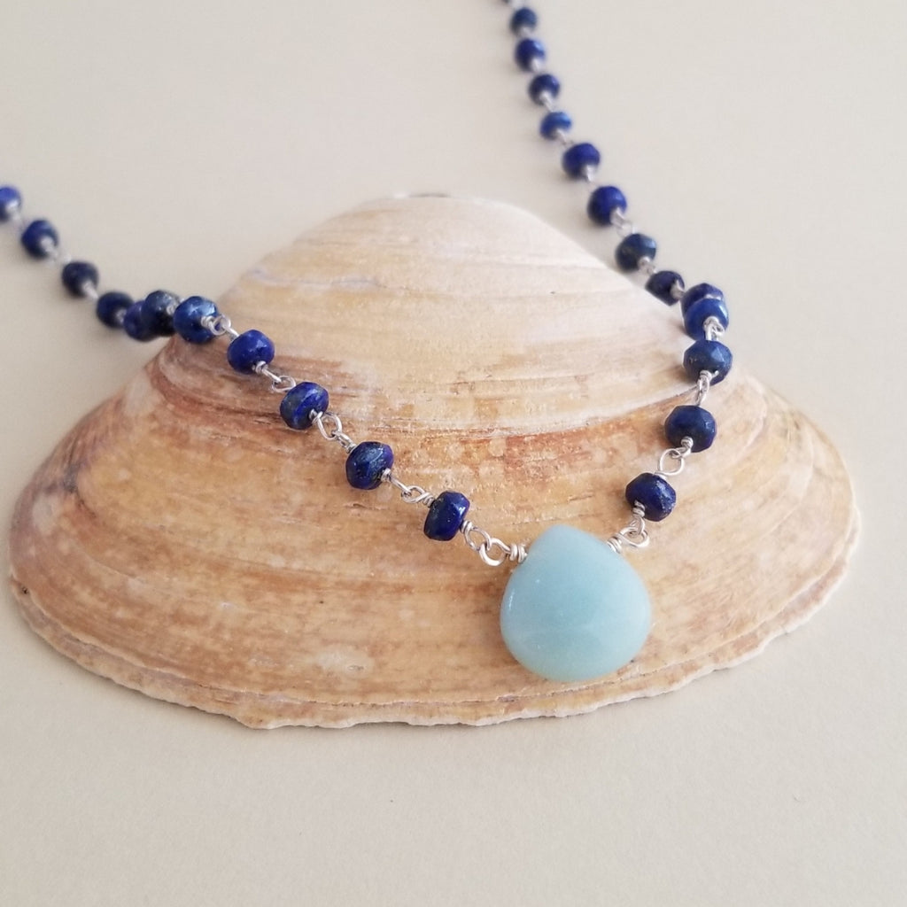 Beaded Boho Lapis Lazuli Chain Necklace with Amazonite Teardrop