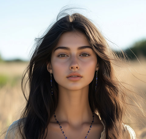 Lapis Lazuli Earrings, Long Gemstone Chain Earrings, Gift for Her, Light Weight Blue Stone Earrings, Lapis Lazuli Dangle Earrings for Women, Handmade Bohemian Jewelry