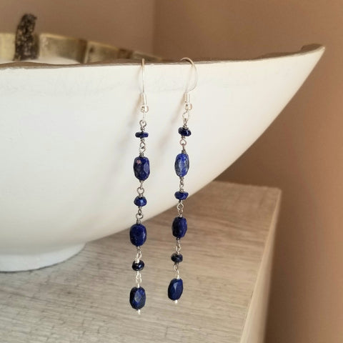 Lapis Lazuli Earrings, Long Gemstone Chain Earrings