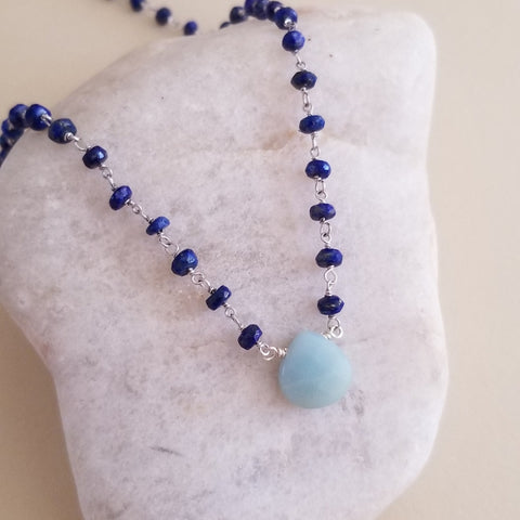 Beaded Boho Lapis Lazuli Chain Necklace with Amazonite Teardrop