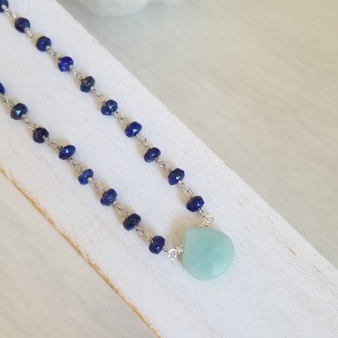 Handcrafted Beaded Boho Lapis Lazuli Chain Necklace with Amazonite Teardrop, Gift for Her