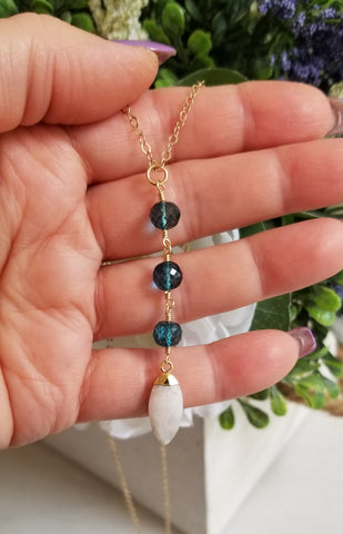 London Blue Topaz and Moonstone Y Necklace, Long Gemstone Pendant Necklace