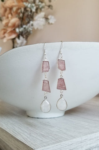 Moonstone Earrings, Strawberry Quartz Dangle Earrings, Long Gemstone Earrings, Statement Earrings, Gem Drop Earrings, Pink Stone Earrings