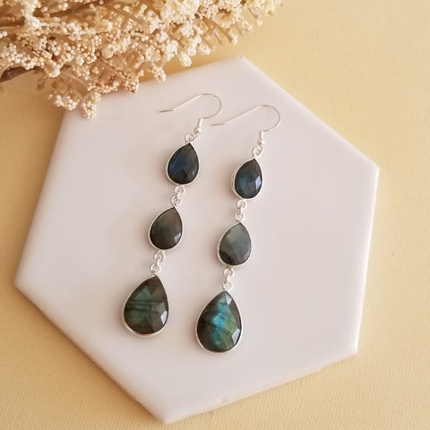 Raw Labradorite Earrings, Long Labradorite Dangle Earrings, Statement Earrings, Gemstone Drop Earrings, Blue Flash Stone Earrings, Gift Idea