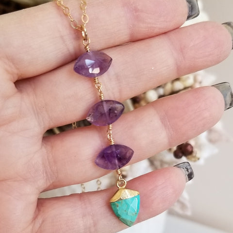 Amethyst and Turquoise Center Drop Necklace, Long Gemstone Pendant Necklace