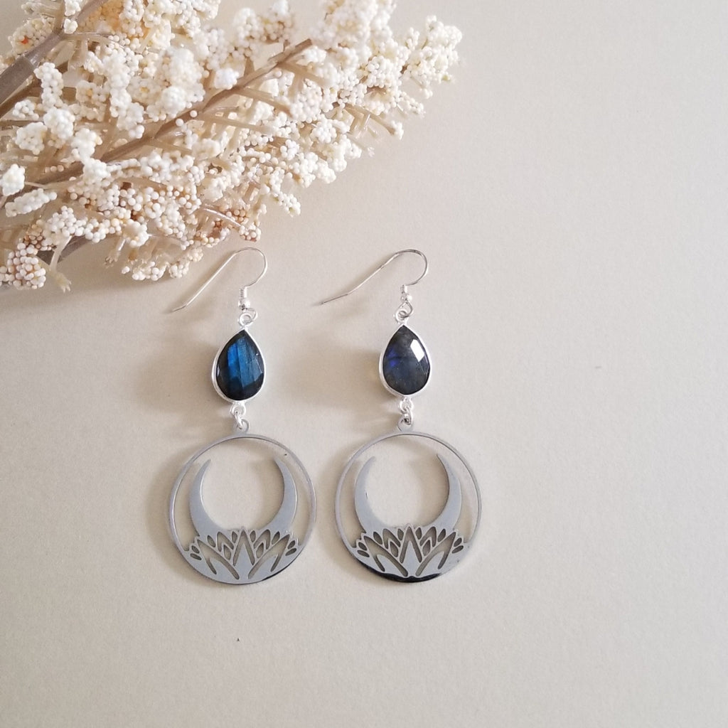 Labradorite Earrings, Boho Lotus Moon Dangle Earrings
