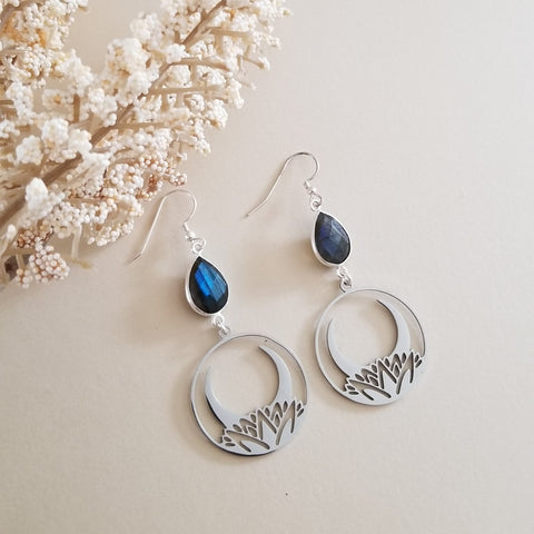 Labradorite Earrings, Boho Lotus Moon Dangle Earrings, Handmade Labradorite Jewelry, Gift for Her