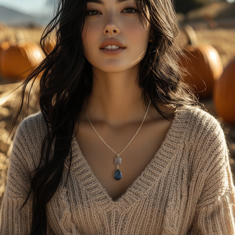 Labradorite and Copper Rutilated Quartz Necklace, Teardrop Gemstone Pendant Necklace, Gold Paperclip Chain Necklace