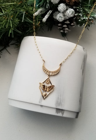 Gold Crescent Moon Pendant Necklace, Bronze Moth Necklace, Bohemian Necklace, Gold Statement Necklace, Moth Jewelry
