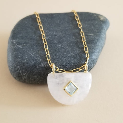 Rainbow Moonstone and Blue Topaz Half Moon Pendant Necklace, Gold Paperclip Chain