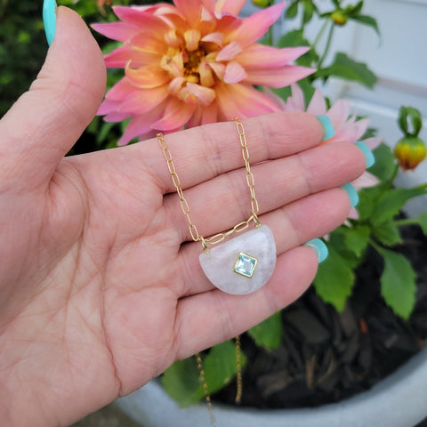 Rainbow Moonstone and Blue Topaz Half Moon Pendant Necklace, Gold Paperclip Chain Necklace for Women