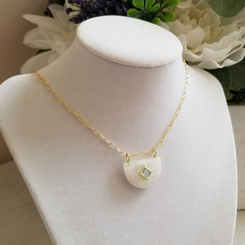 Rainbow Moonstone and Blue Topaz Half Moon Pendant Necklace, Gold Paperclip Chain, Gift for Her, Handmade Gemstone Necklace