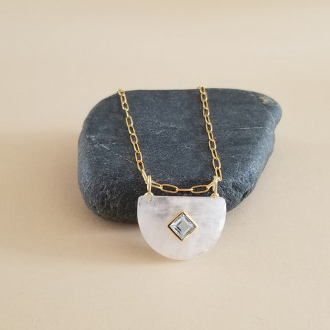 Rainbow Moonstone and Blue Topaz Half Moon Pendant Necklace, Gold Paperclip Chain, Statement Necklace for women, Handmade Gemstone Jewelry