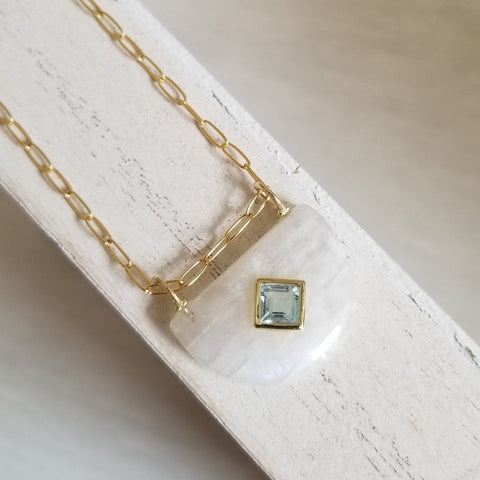 Rainbow Moonstone and Blue Topaz Half Moon Pendant Necklace, Gold Paperclip Chain, Statement Necklace