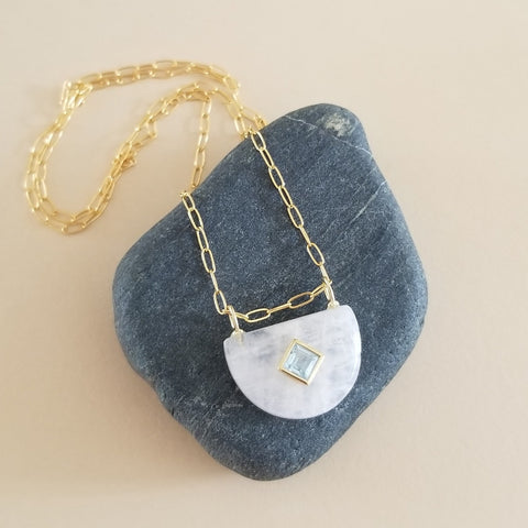 Rainbow Moonstone and Blue Topaz Half Moon Pendant Necklace, Gold Paperclip Chain