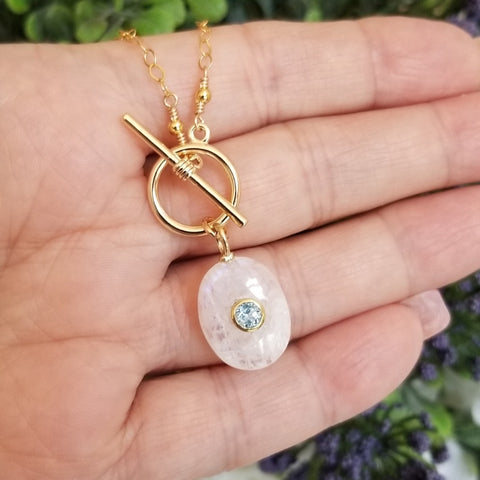 Moonstone and Blue Topaz Pendant Necklace, Gold Front Toggle Necklace