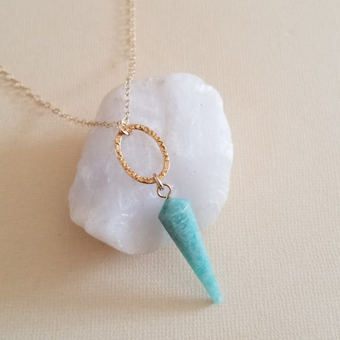 Amazonite Necklace, Gold Amazonite Pendulum Necklace, Long Gemstone Pendant Necklace, Amazonite or Fluorite