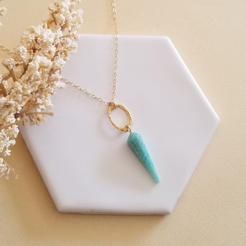Amazonite Necklace, Gold Amazonite Pendulum Necklace, Long Gemstone Pendant Necklace, Amazonite or Fluorite