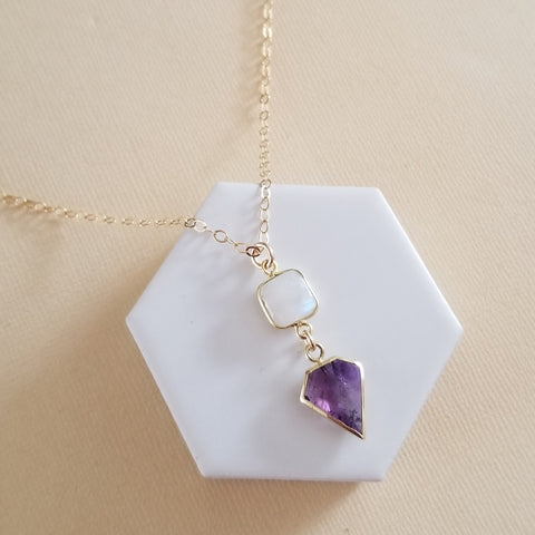 Amethyst Necklace, Moonstone and Amethyst Pendant Necklace, Dainty Gold Chain Necklace, February Birthstone Jewelry, Healing Crystal Necklace