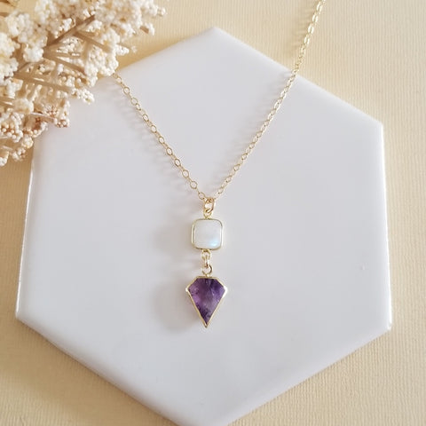 Gold Amethyst and Moonstone Pendant Necklace, February Stone, Gift for Her, Thin Gold Chain