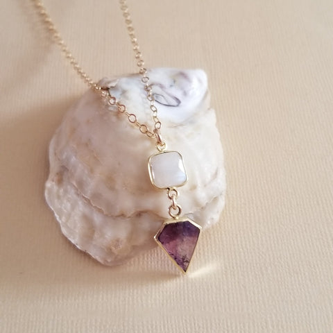 Amethyst Necklace, Moonstone and Amethyst Pendant Necklace, Dainty Gold Chain Necklace, February Birthstone Jewelry, Gift Set for Her, Crystal Necklace