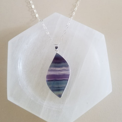 Petal shape Gemstone Pendant, Fluorite Necklace, Long Boho Necklace