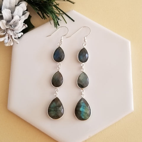 Raw Labradorite Teardrop Earrings, Gemstone Statement Earrings, Labradorite Jewelry, Long Stone Earrings
