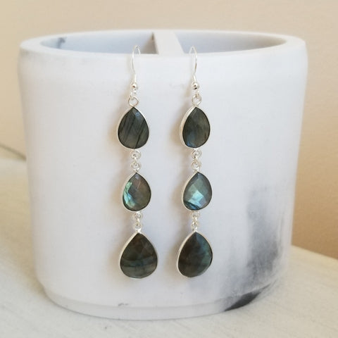 Raw Labradorite Earrings, Long Labradorite Dangle Earrings, Statement Earrings, Gemstone Drop Earrings, Blue Flash Stone Earrings, Handmade Labradorite Jewelry
