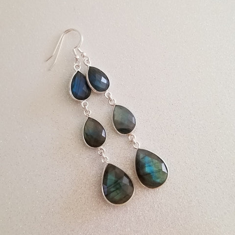 Raw Labradorite Earrings, Long Labradorite Dangle Earrings, Statement Earrings, Gemstone Drop Earrings, Gift for Her, Shoulder Dusters