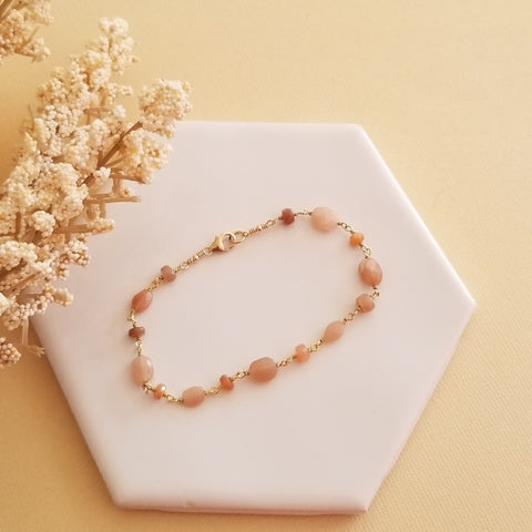 Natural Peach Moonstone Bracelet, Boho Beaded Bracelet, Stacking Bracelet